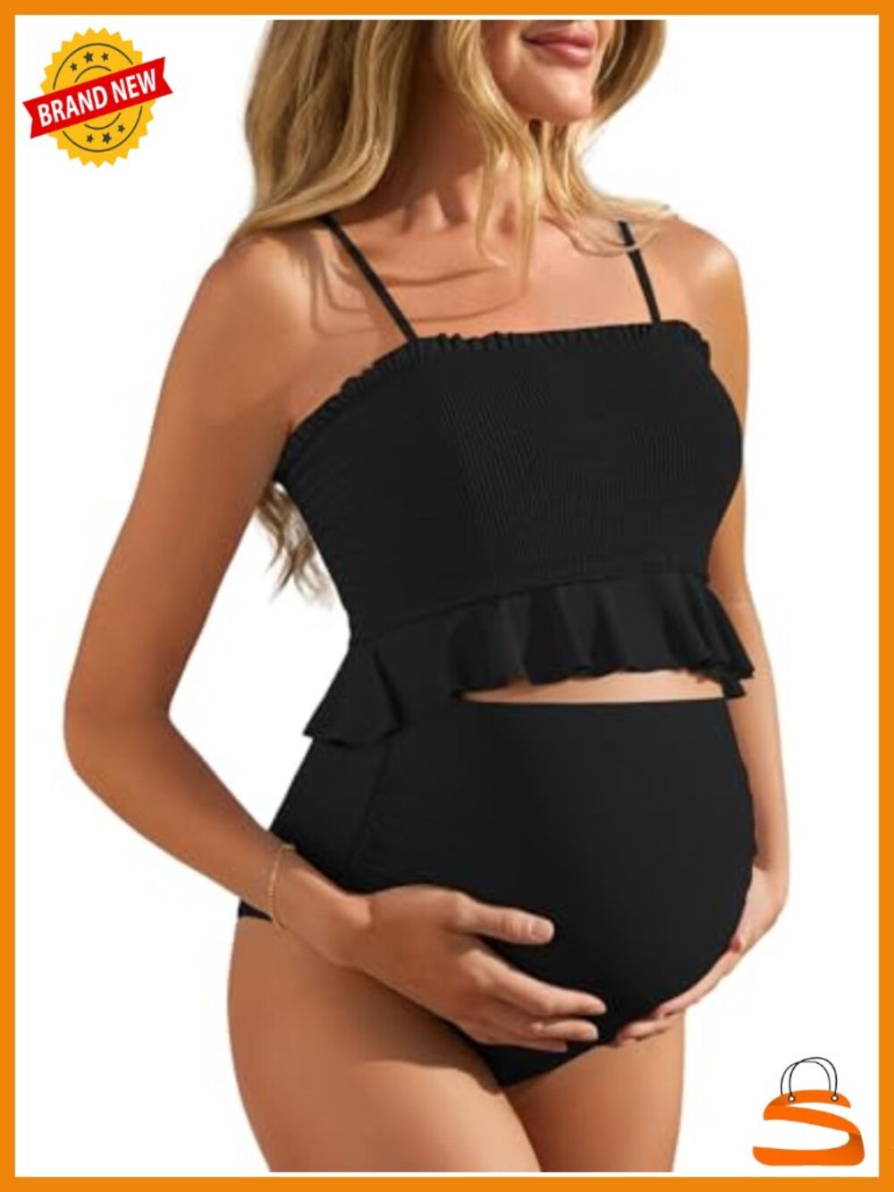 Maternity High Waist Swimsuit Ruffle Bandeau Two Piece Bikini with Removable